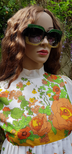 Amazing Vintage Style Green & Yellow Glamrock Glitter Frame Oversize Retro Sunglasses