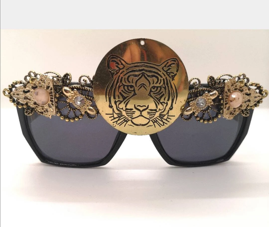 Big Black & Gold Embellished Sunglasses With A Tiger Head Jewels