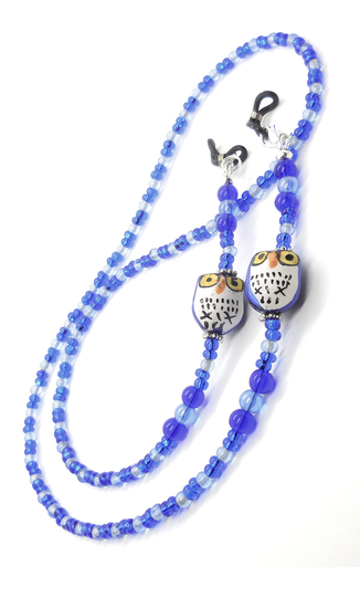 Wise Owl Eye Glass Chain Or Lanyard, Glasses Holder Necklace, Chain, Gold Tone Findings, Cobalt & Sky Blue Colors, 30 Ins Long
