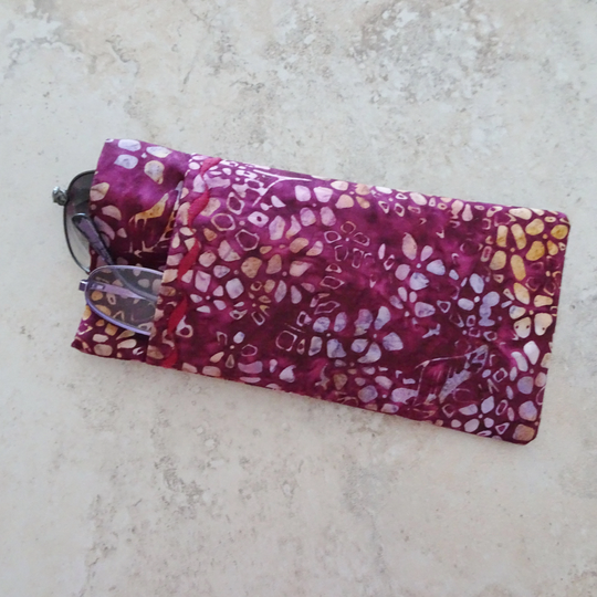 Double Pocket Eyeglasses Case - Sunglasses & Reader Glass Maroon Batik Fabric Eye Wear For 2