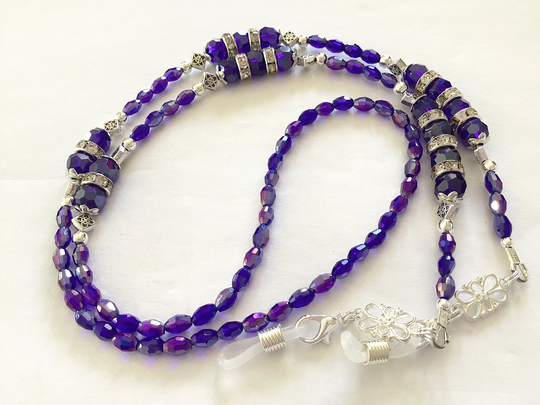Cobalt Blue Crystal Glass Beaded Eyeglass Holder Chain Glasses Face Mask Security Pass