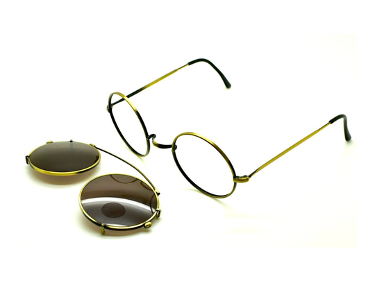 Antique Gold True Round Eyewear By Beuren Model 1700 With Saddle Bridge, Straight Arms & Matching Sunclip Eyesizes 36-48mm B50+