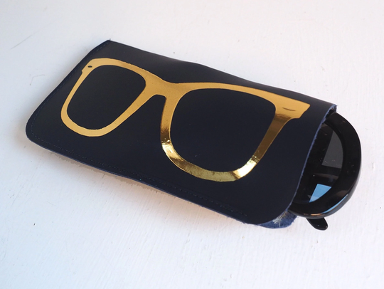 Leather Sunglasses Case in Navy With Silver Foiled Glasses Image, Soft