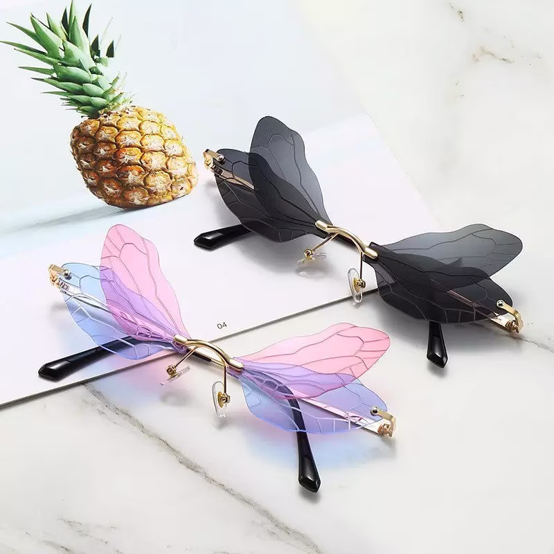 Dragonfly Sunglasses Women Men Brand Design Rimless Wave Eyewear