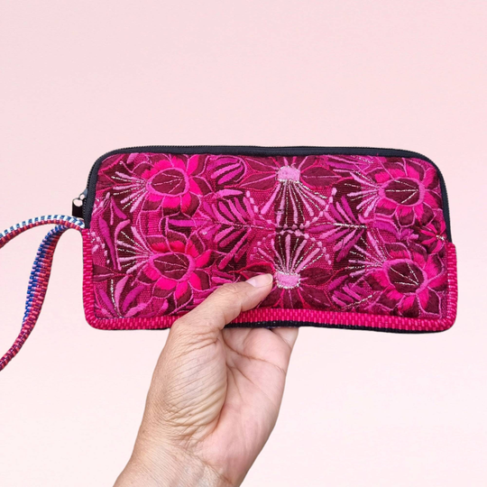 Embroidered Eyeglasses Case Or Phone Holder, Floral Wristlet Purse, Ethnic, Clutch, Fuchsia Colour Boho Bag, Hippie Purse