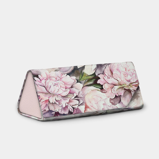 Pink Peonies Foldable Sunglass Case, Easy Fold Glasses Holder, Floral Folding Leather Grain Magnetic Clasp, Flower Eyeglass Holder