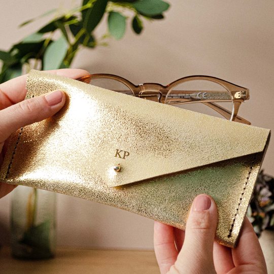 Personalised Shimmer Gold Leather Glasses Case, Metallic Sunglasses Envelope Clutch Pouch, Gift For Her