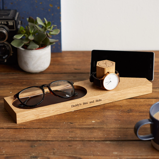 Personalised Bedside Watch & Phone Stand With Glasses Storage Tray | Gifts For Him & Organisation Anniversary Present