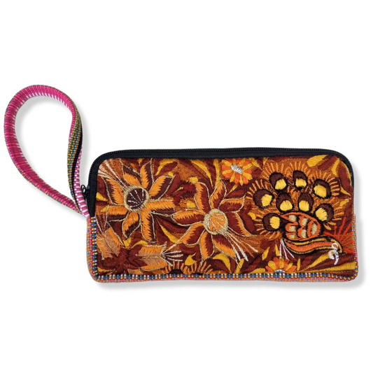 Embroidered Eyeglasses Case Or Phone Holder, Floral, Bird Pattern Wristlet Purse, Ethnic, Clutch, Brown Colour Boho Bag