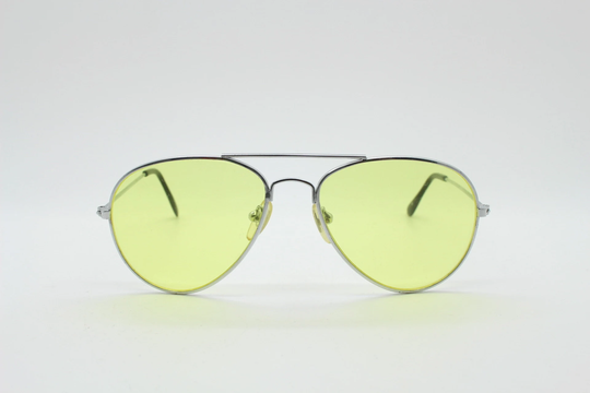 Yellow Vintage Aviator Sunglasses. Classic Silver Metal Teardrop Frame With Yellow Shooter Lenses. 70S Style Pilot Aviators