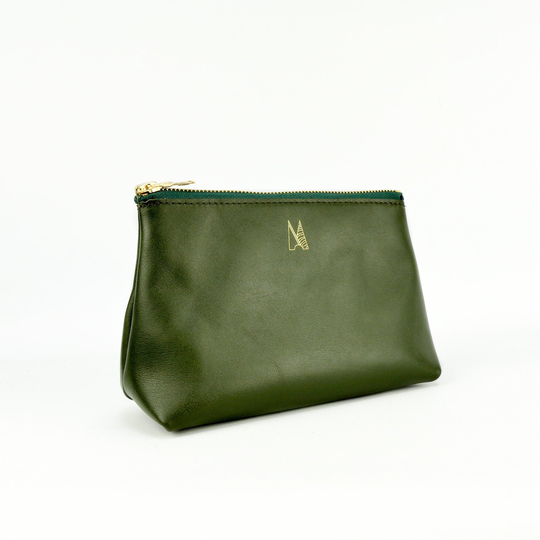 Soft Leather Pouch | Green Zip Bag Handmade Make Up Cosmetics Purse