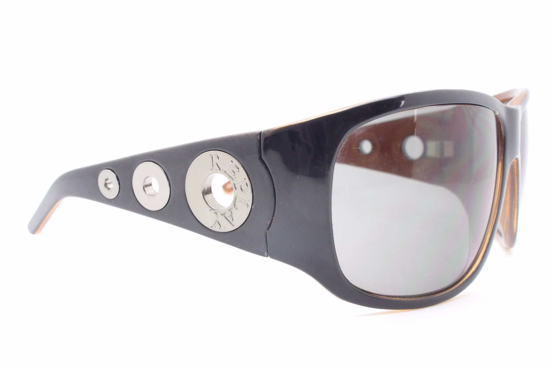 Replay Y2K Vintage Acetate Wrap Around Sunglasses Model 642S. Massive Black Shield Visor Bug Eye, With Big Logo Arm Portholes. 2000S Mask