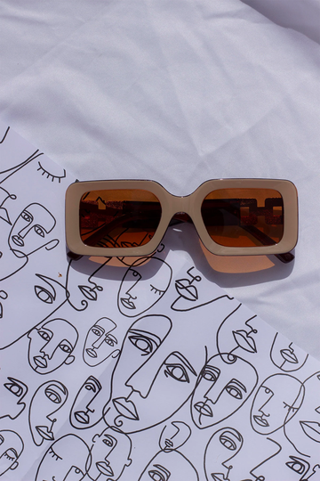 Beige Brown Monogram Sided Rectangle Narrow Sunglasses