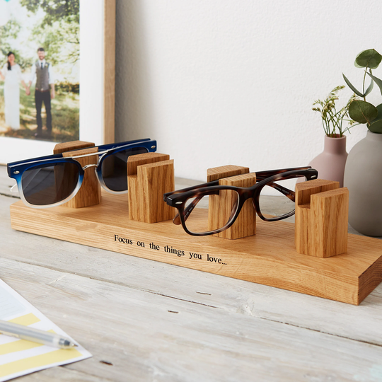 Personalised Solid Oak Four Glasses Stand | Personalized Sunglasses Holder Gift For Him For Grandparents Multi Display