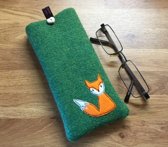 Mr Fox Glasses Case, Green Harris Tweed Specs Sunglasses Embroidered Fox Lover, Appliqué