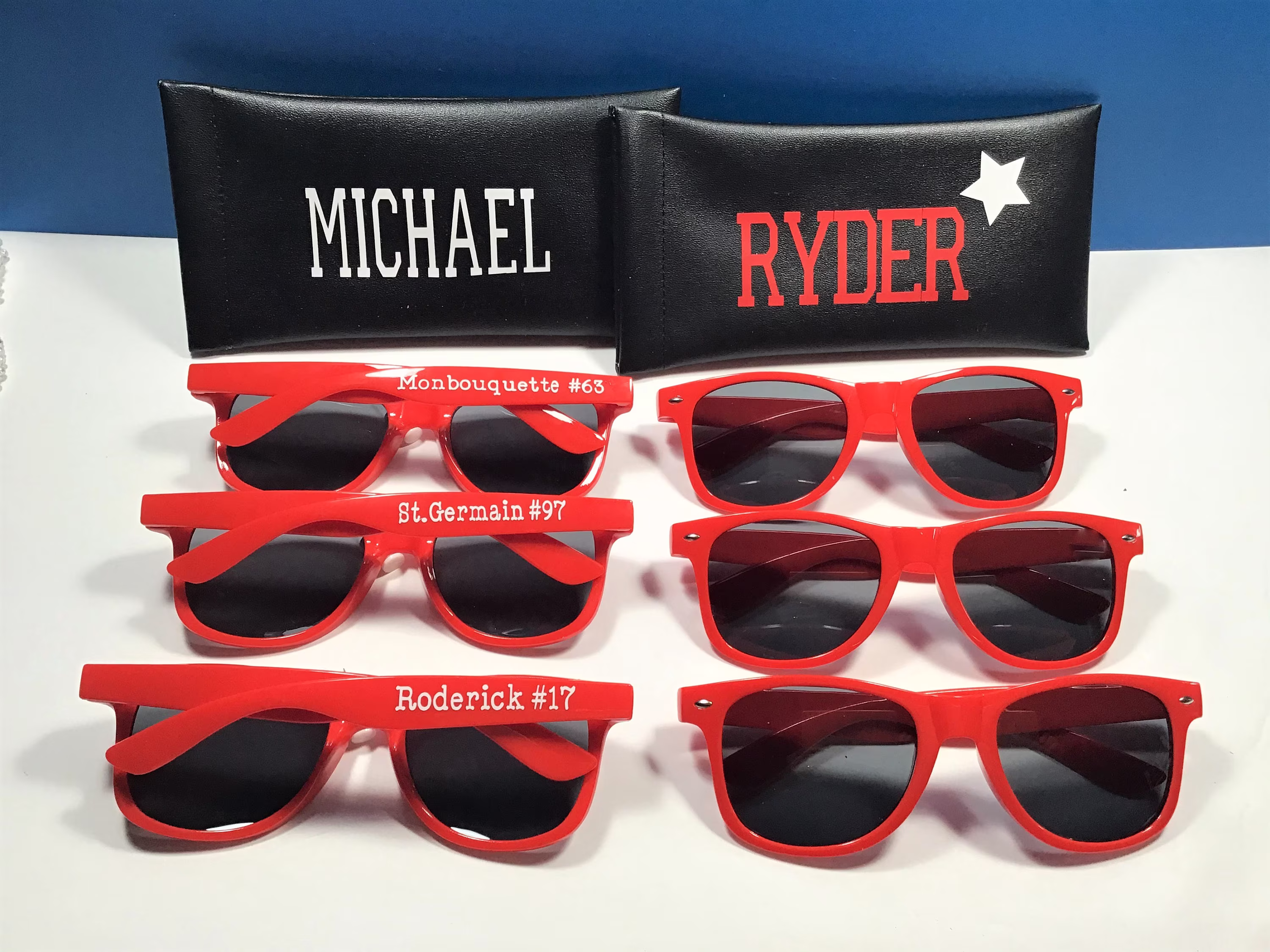 Red Wayfarer Sunglasses Personalized For Sports Activity, Cheer Squad, School Club. Whatever The Event, These Will Make It Special