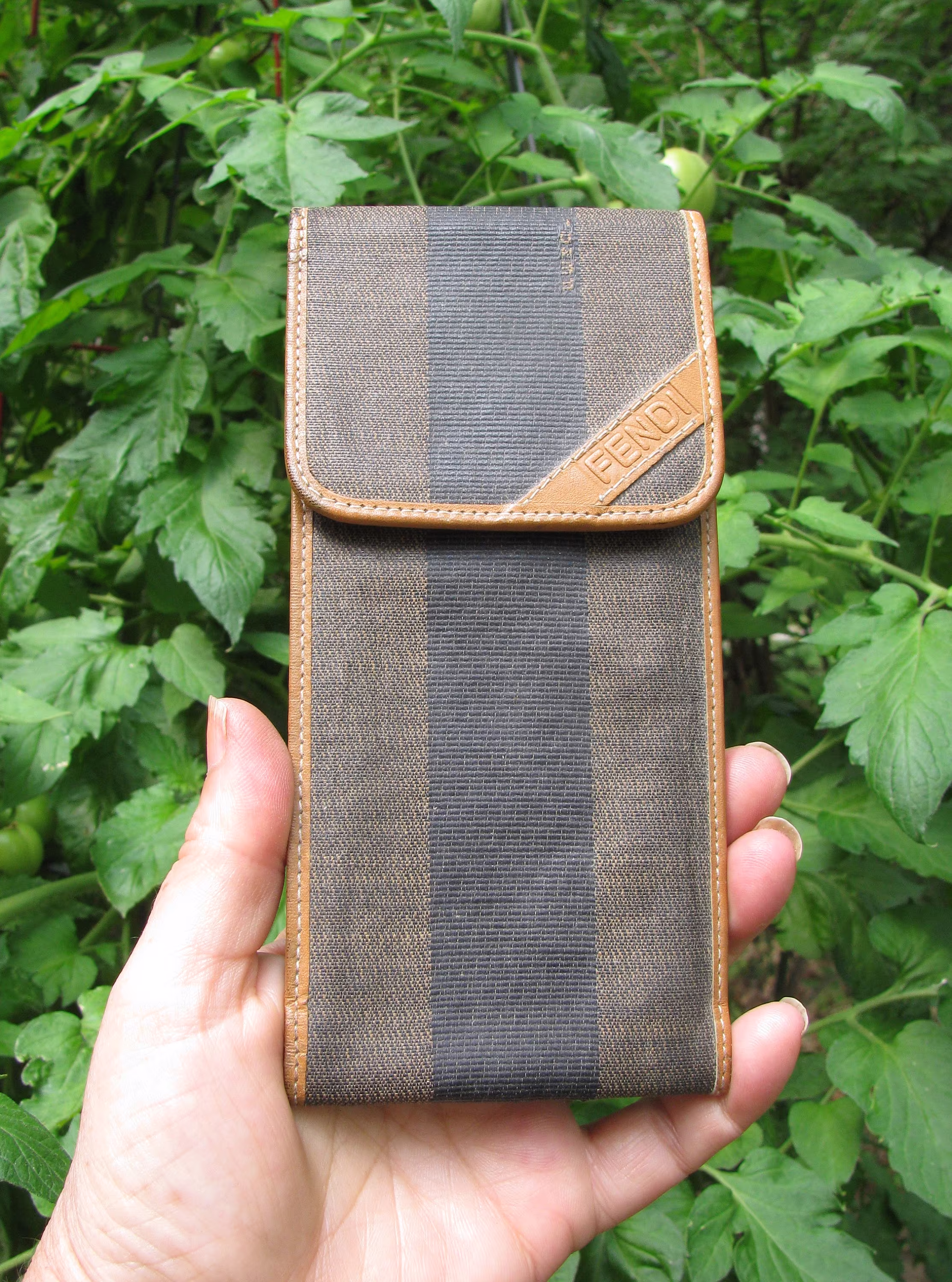 Hard To Find Vintage Fendi Black & Pecan PVC Leather Eyeglass Case, Roma Italy, Triple Name Weave in Fabric, Early 1980's, Designer Fashion