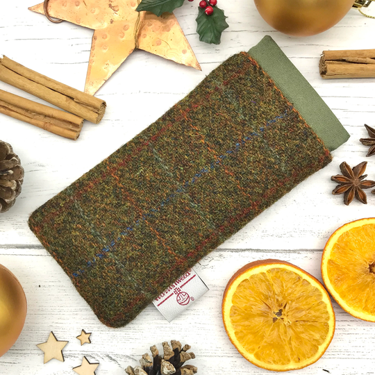 Scottish Harris Tweed® Glasses Case Flexi Top in Olive | Tweed Spectacle Sleeve Sunglasses Safe Secure & Protected