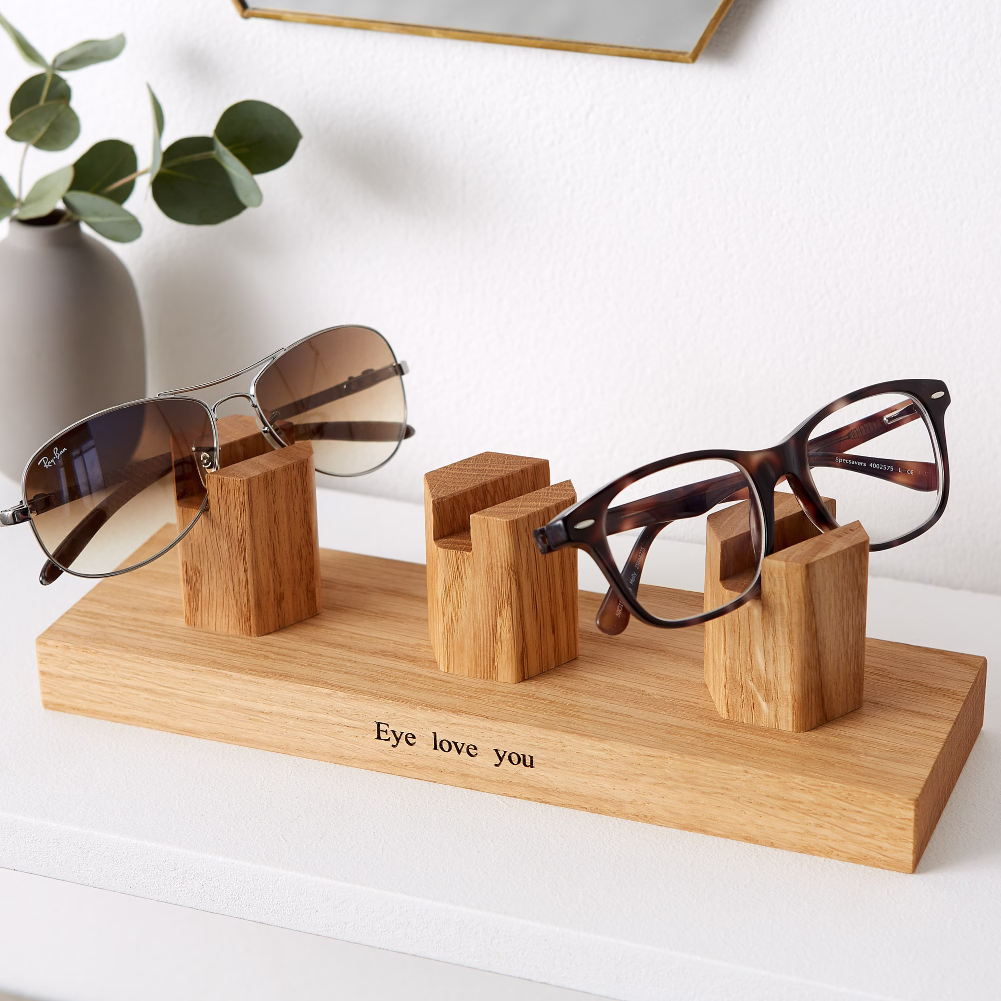 Solid Oak Triple Personalised Glasses Stand/Gifts For Dad Sunglasses Multiple Reading Eyeglasses Eye Wear