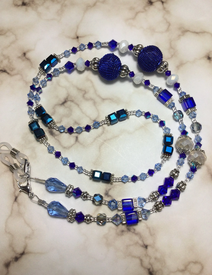 Healing - Swarovski/Glass Crystal Eyeglass Holder/Mask/Badge/Lanyard/Spiritual/Meditation/Chain/Necklace Holder/Dark/Light Blue Necklace