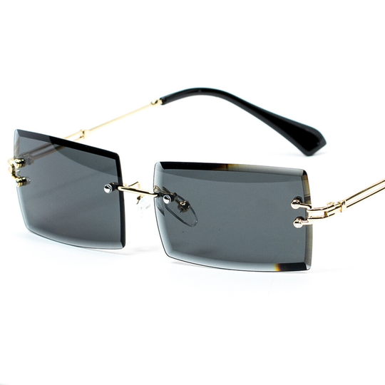 Mens Black Tint Vintage Rectangle Fashion Luxury Gold Frame Rimless Sunglasses