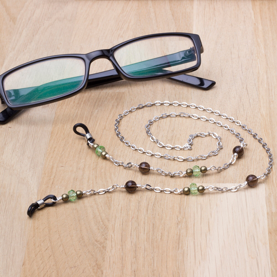 Glasses Strap Chain - Smokey Quartz Gemstone & Green Bead Eyewear Cord | Neck Lanyard Silver Spectacle Eyeglasses Holder