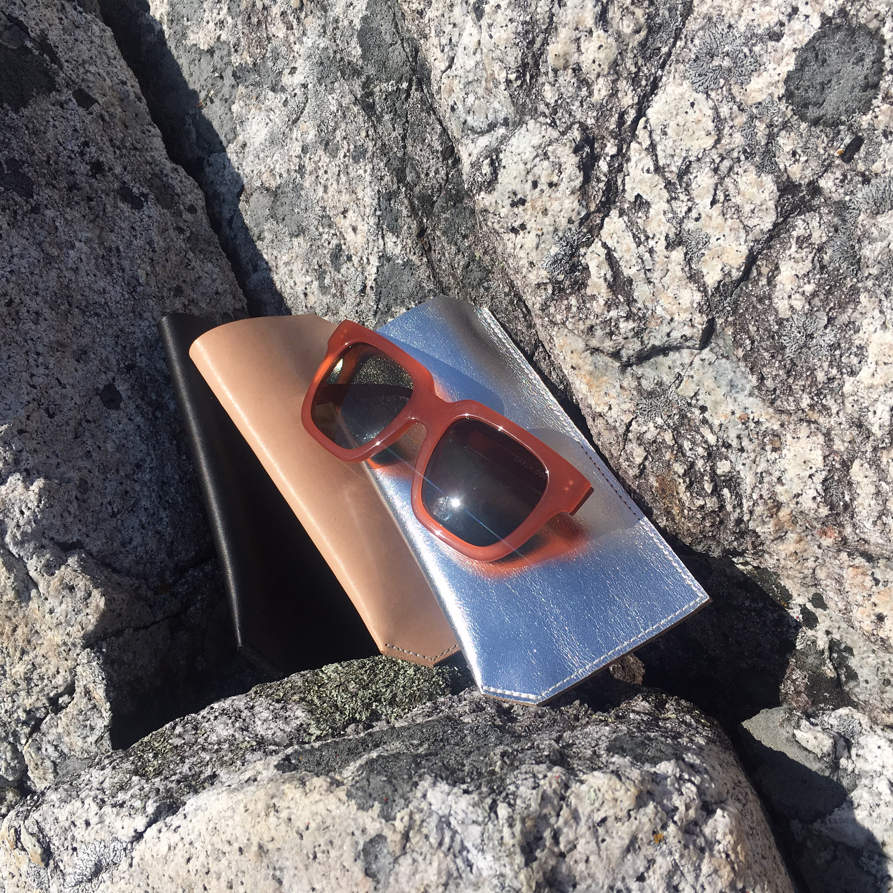 Sunglass Case, Pouch, Leather Case | Black + Silver