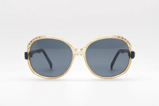 Ted Lapidus 70's Vintage Diamante Sunglasses Model 613. Women's Yellow Crystal Rhinestone Frame With Contrasting Black Arms