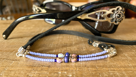 Eyeglass Chain With Purple Beads & Leather. Sunglasses Holder. Beaded Leather Eyeglasses Chain. Face Mask Strap. Eye Glasses Cord Lanyard