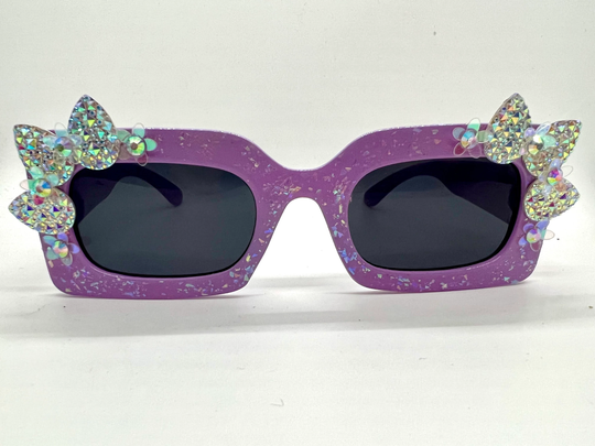 Women's Purple Retro Embellished Diamante Rectangular Plastic Funky Sunglasses