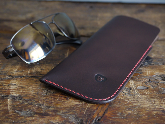 Dark Brown Slim Leather Sunglasses Case, Red Stitching, Glasses Holder, Sleeve
