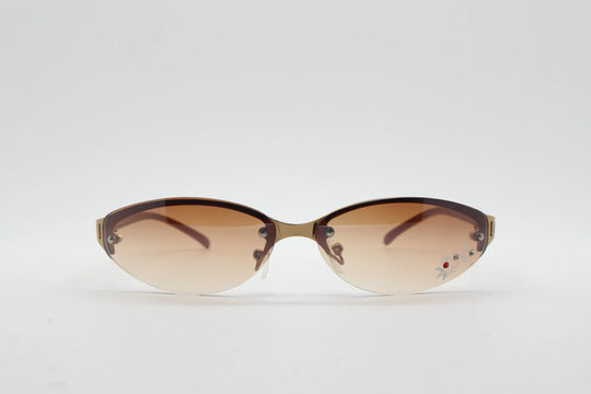 Y2K Vintage Half Frame Sunglasses. Low Profile Gold Chrome Brow With Orange Lenses & Diamante Flower Print. 2000S Nos. 00's. 90S Rave