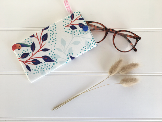 White Glasses Case With Birds Of Paradise Design & Cotton Lining, Sunglasses Case Colourful Bird, Soft Sunglasses Case, Gift For Her
