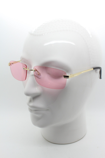 Y2K Vintage Frameless Pink Sunglasses. Rectangular Lenses With Gold Bridge & Arms. 2000S Club Kids. 00's. 90S Rave