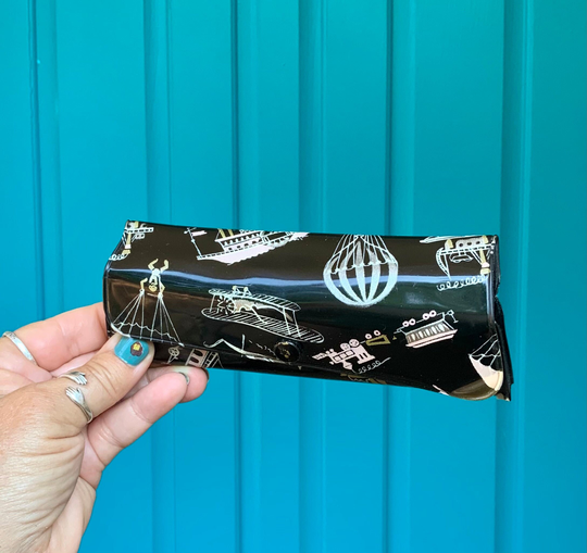 Free Shipping-Vintage Rare Ways To Travel Vinyl Eyeglasses Case-Black, Pink, Gold-Ship, Carriage, Plane, Train, Hot Air Balloon-Kitsch