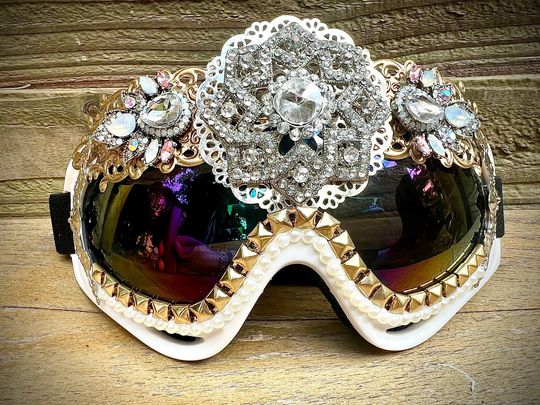 White Crystal Statement Goggles, Funky Festival Clothing, Unique Rave Eyewear