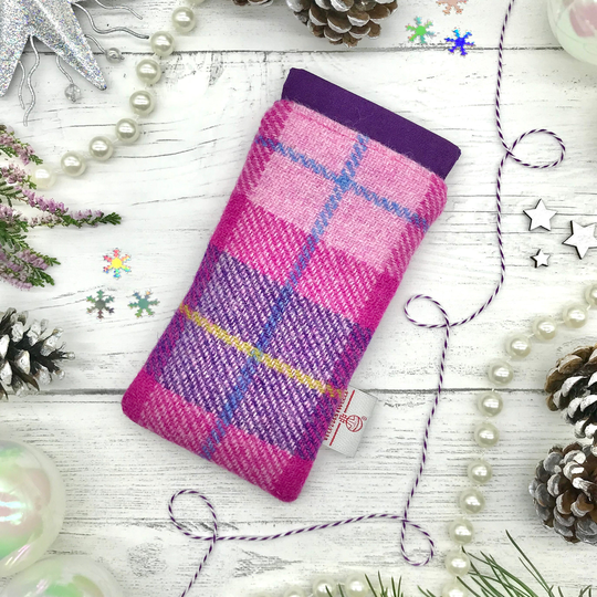 Scottish Harris Tweed® Glasses Case Flexi Top in Pink Purple Check | Spectacle Sleeve Tweed Sunglasses Safe Secure Protected