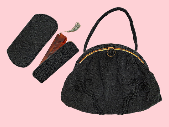 Vintage Herve Paris Gray Silk Micro Beaded Handbag Bag With Comb & Glasses Cases Art Nouveau