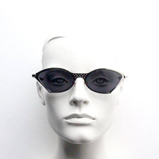 90S Vintage Space Age Sunglasses. Dramatic Futuristic Wraparound Pointed Cat Eye Chrome Frame. Unused Nos