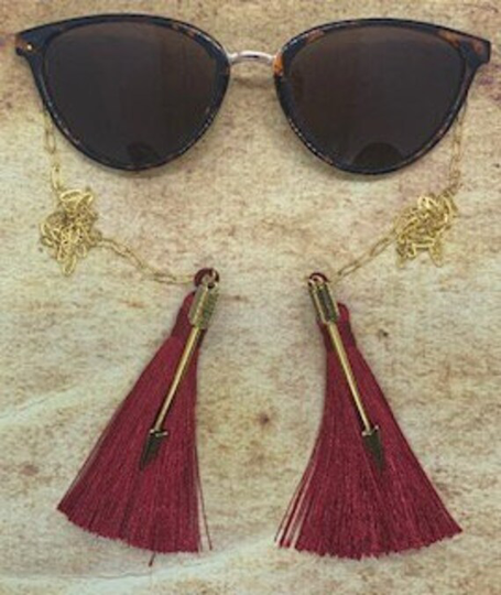 Armless Tortoise Cat Eye Chain Sunglasses W/Gold Paperclip Arms Arrow Charms & Maroon Tassels As Anchors