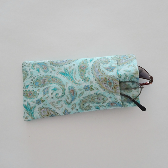 Double Eyeglass Case, Case For 2 Pairs Of Glasses, Sunglasses & Reader Glass Aqua Paisley Fabric Eyeglasses Glasses