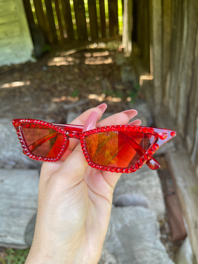 Red Bedazzled Sunglasses/Vintage Style 90S Cat Eye Retro 80S Clear Lens Shades Swarovski Crystals