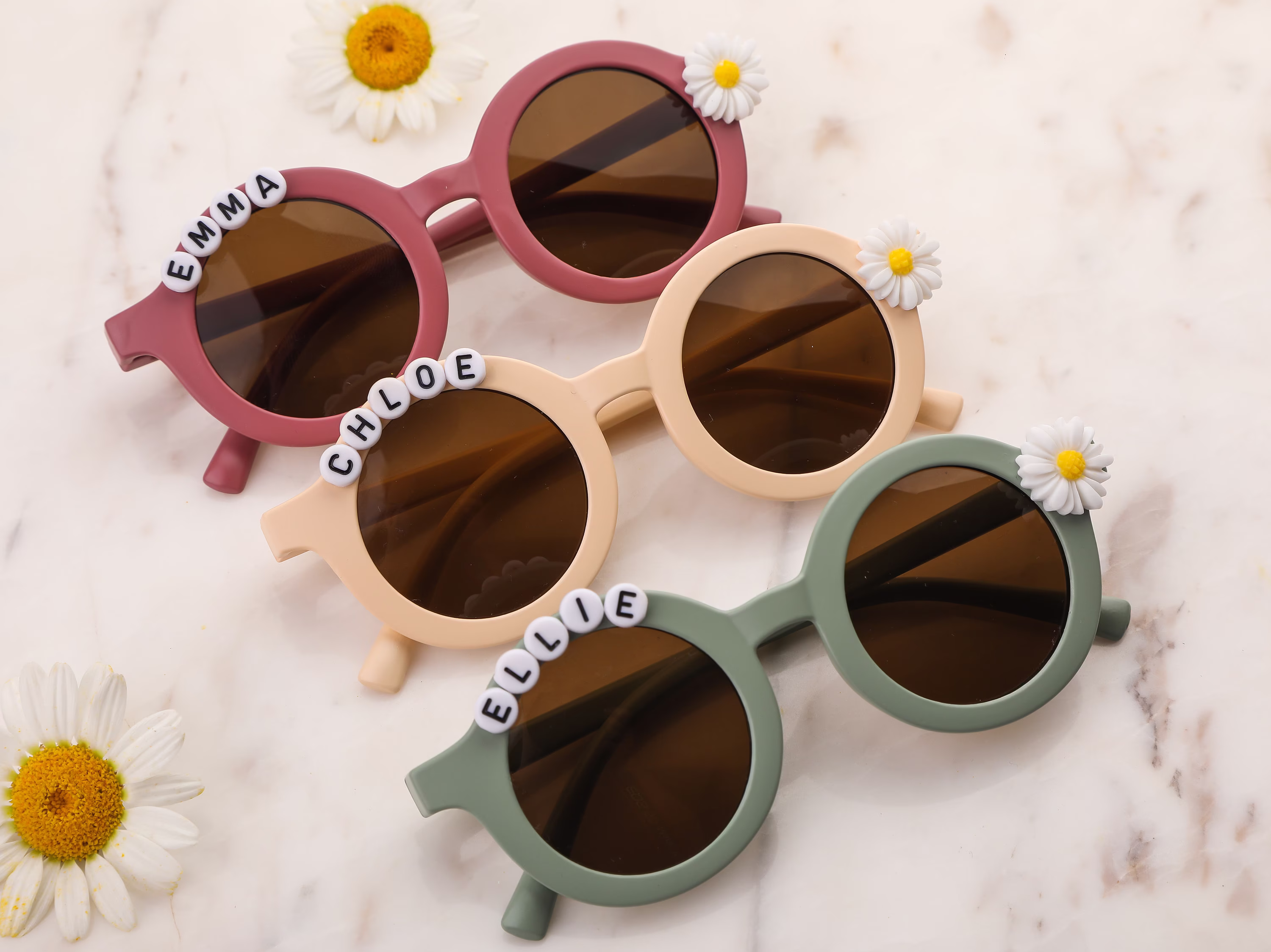 Floral Daisy Girls Personalized Name Sunglasses | Toddler Gift Kids Babies With Leather Case