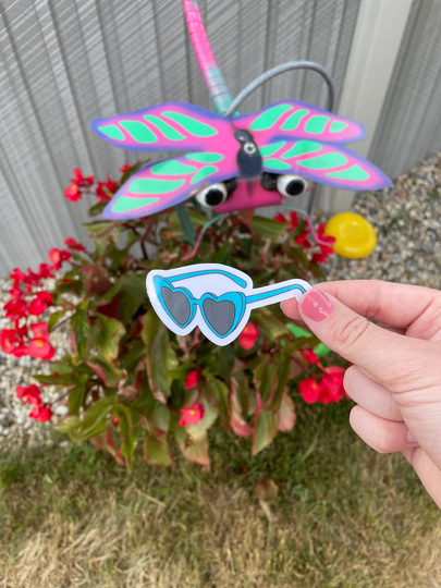 Blue Heart Sunglasses Sticker, Love Trendy Vinyl Sticker