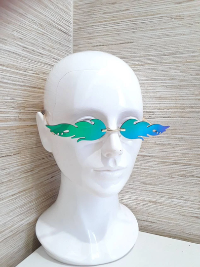 Rimless Flame Sunglasses Fashion Funky Green Blue Eyewear