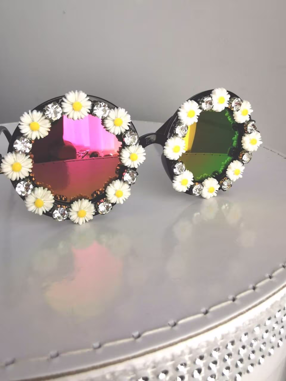 Sunglasses With Sunflower & Diamante Trim. Party Sunglasses , Mirror Rainbow Lenses. Fashion Eyewear. Fun Sunglasses. Festival Glasses