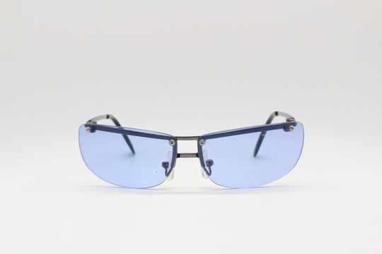 Kid's Vintage Y2K Sunglasses. Frameless Dynamic Blue Wraparound Lenses On Gunmetal Brow Line. Childrens 2000S. Suitable For Toddlers
