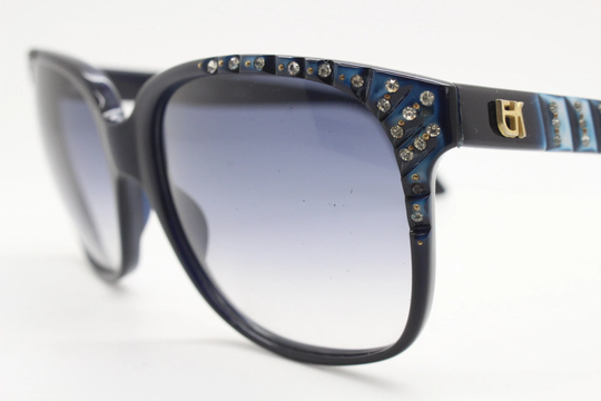 Emmanuelle Khanh Paris Vintage 80S Diamante Sunglasses Made in France Model 8420. Black Acetate Frame With Spectacular Blue Rhinestones