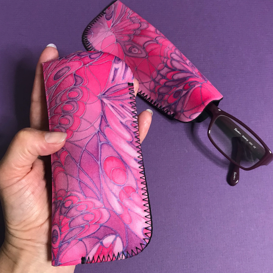 Butterfly Slip On Glasses Case - Pink & Plum Soft Washable Fabric Pouch Padded Protective Reading Cover Gift For Grandma, Auntie