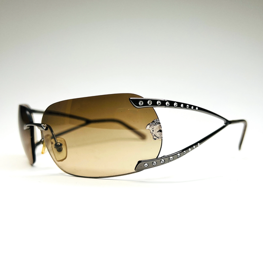 Versace Sunglasses Rimless Brown Tinted Silver Medusa Logo Monogram Crystal Diamante Shield Wrap Metal Frames Mod N86/H Vintage Y2K 90S